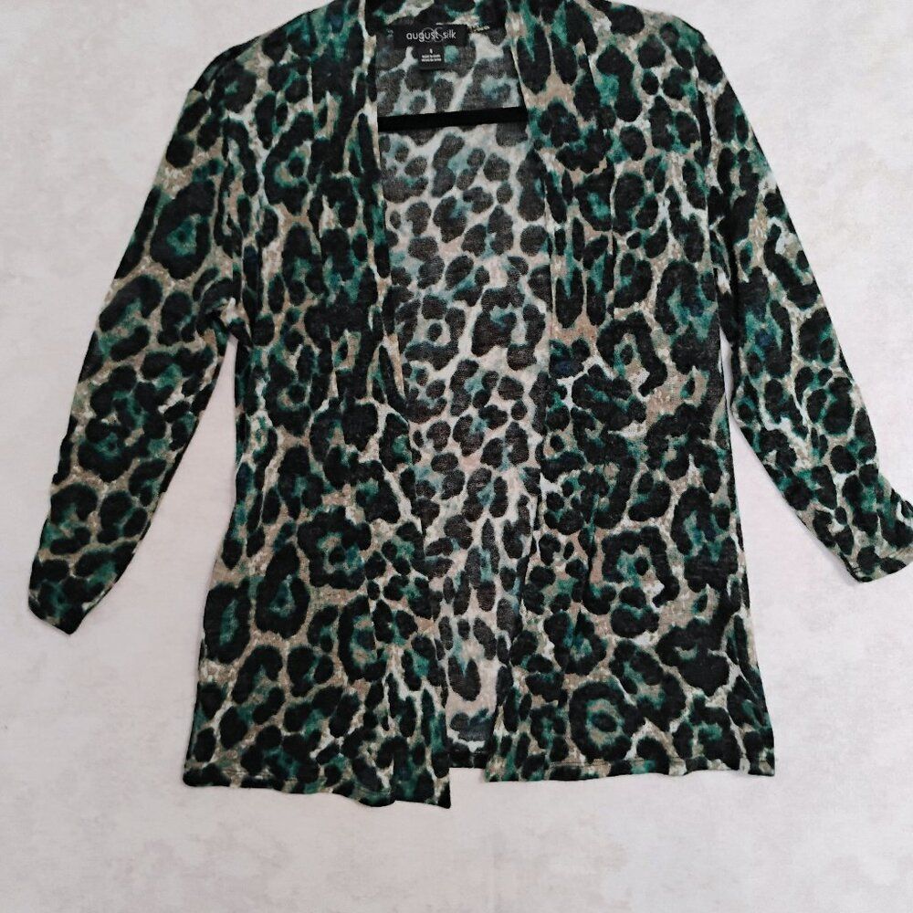 August Silk Green Leopard Print Open Front Cardigan Small